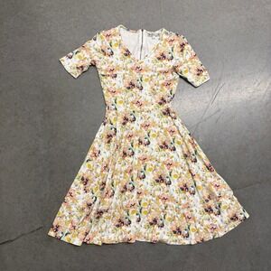 DE Collection Floral Short Sleeve Fit and Flare Dress V-Neck XS White Pink